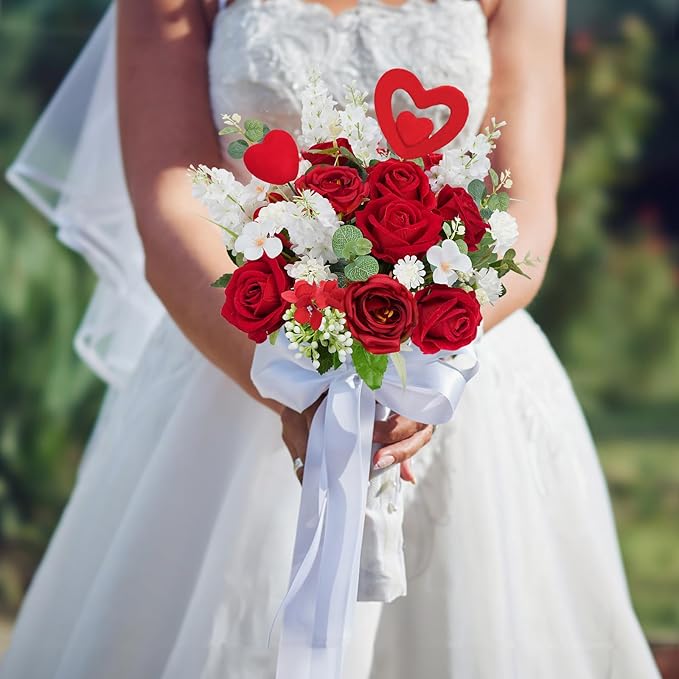HUAESIN Artificial Rose Bouquet Faux Flower Stems Fake Rose Hyacinth with Red Heart Picks Spring Fake Floral Arrangements Indoor for Home Table Anniversary Valentine’s Decorations Outdoor