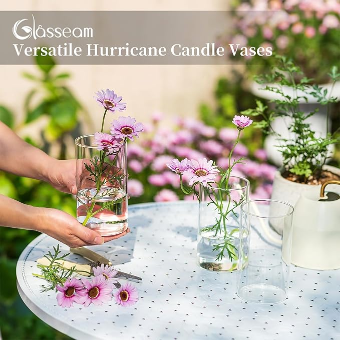 Glasseam Cylinder Vases for Centerpieces, Set of 6 Clear Glass Vases for Flowers, Modern Small Floating Candle Vase Decor, Decorative Hurricane Candle Holders for Home Wedding Table Decorations, 6in