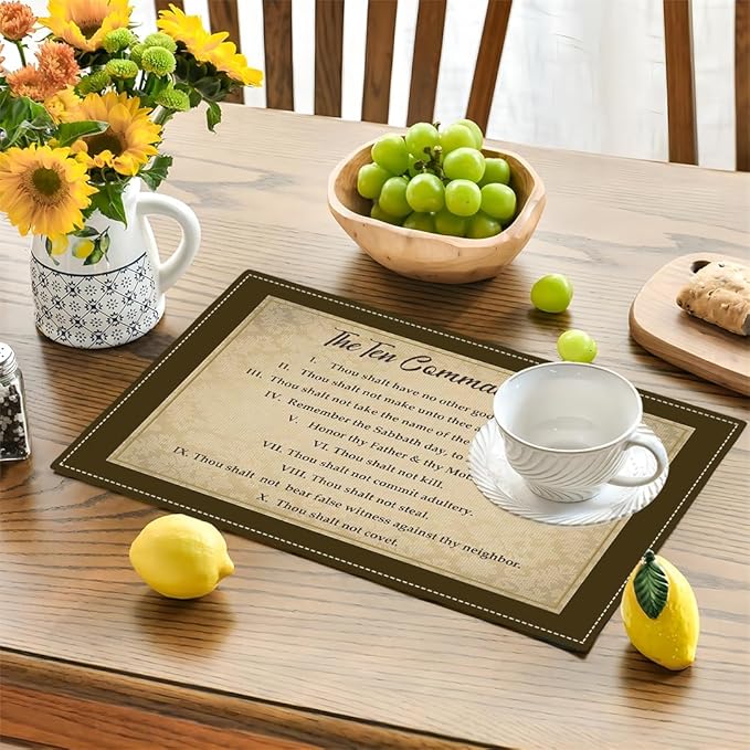 10 Commandments Placemats Set of 6, Ten Commandments Christian Religious Bible Verse Place Mats Washable Double-Sided Table Mats for Kitchen Dining Room Home Party Indoor Decor 6 PCS 12x18 Inch