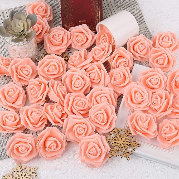 Artificial Rose Flower Heads, 100pcs Peach Roses Artificial Flower Foam Rose for DIY Wedding Bouquets Centerpieces Arrangements Party Baby Shower Home Decor (Stemless, Peach)