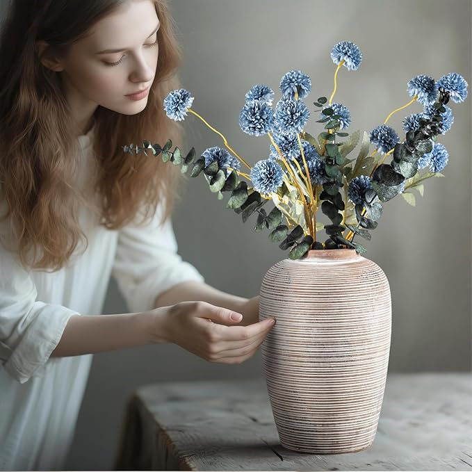 6 Artificial Silk Flowers + 3 Eucalyptus, Artificial Chrysanthemums with Stems for Home Decor, Dusty Blue