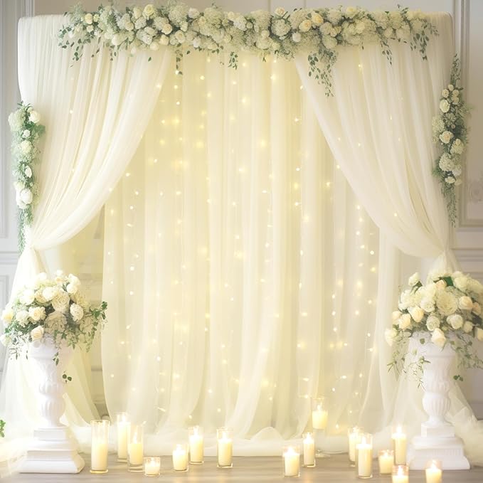 30x10ft Ivory Tulle Backdrop Curtain with Lights String for Parites, Sheer Backdrop Curtains for Wedding Baby Shower Birthday Party Photo Shoot Decorations