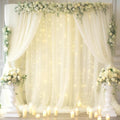 20x8ft Ivory Tulle Backdrop Curtain with Lights String for Parites, Sheer Backdrop Curtains for Wedding Baby Shower Birthday Party Photo Shoot Decorations