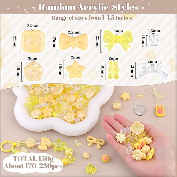 Assorted 200-260PCS Yellow Acrylic Beads for Bracelet Making, Flower Bow Candy GummyBear Bracelet Charms,Cute Beads for Jewelry Making DIY Necklace Keychain Phone Charm Christmas Gift