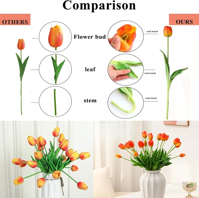 Artificial Flowers 20pcs Fake Tulips Real Touch, Faux Latex Tulips Flowers with Gift Box Soft Faux Tulips Bouquets Arrangements for Party Wedding Home Room Decoration(Orange)