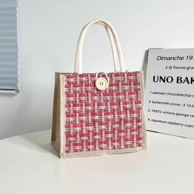 Women Tote Bag,2Pcs Jute Casual Tote's Handbag Embroidered Personalized Bento Bag,Reusable Grocery Bags Shopping Bags