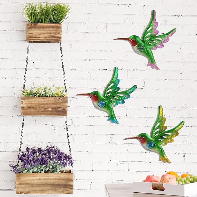 Metal Hummingbird Wall Decor, Wall Art Christmas Sculpture for Patio Fence, Set of 3, 9 Inch, Christmas Indoor Outdoor Gift for Family