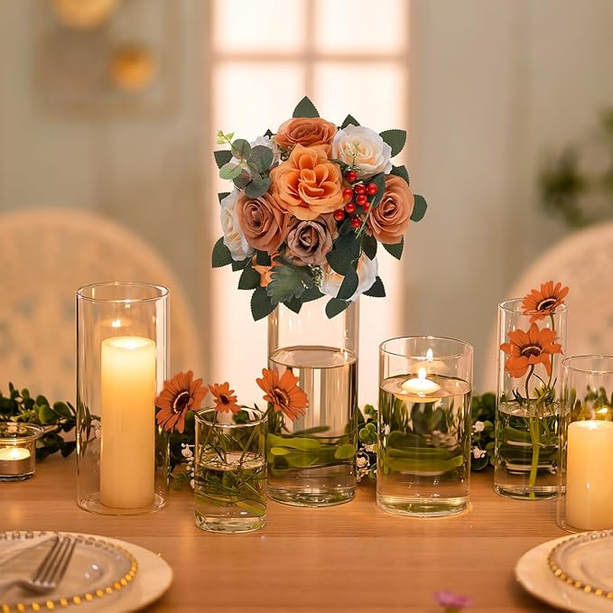 BLOSMON Terracotta Flowers Balls Centerpieces: 2 Pcs Artificial Rose for Home Table Decorations - Fall Fake Silk Kissing Floral Arrangements for Wedding Party Event DIY Decor
