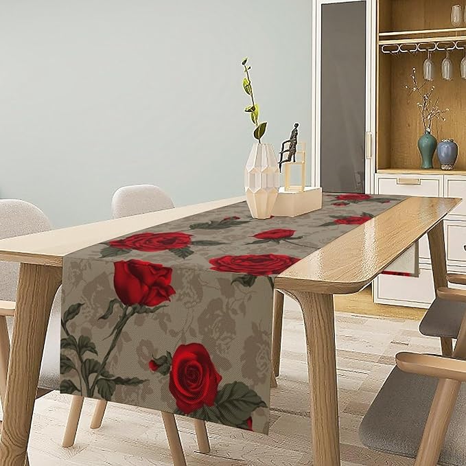 Red Rose Print Table Runner, Romantic Vintage Rose Spring Summer Dinner Runner Table Decoration for Home Kitchen Dining Holiday Wedding Party 13x108in