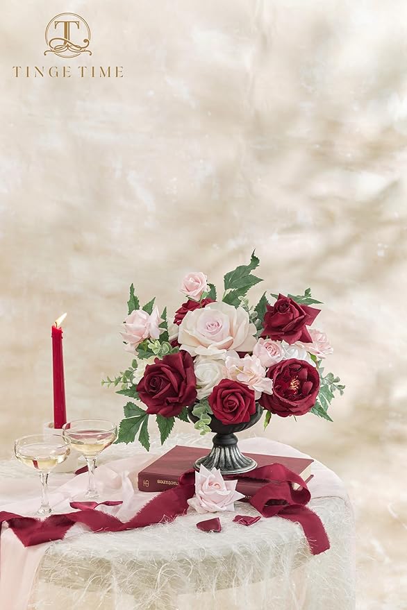 TINGE TIME Artificial Flowers Red & Blush Pink Flower Combo for DIY Wedding Bouquets Table Centerpieces Arrangements Party Baby Shower Home Decorations