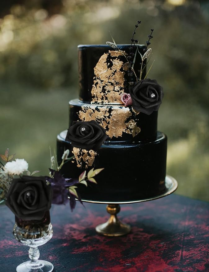 IPOPU 100pcs Black Rose Artificial Flower Heads Bulk with Crystal 3in Real Looking Foam Fake Roses Faux Flowers for DIY Craft Wedding Bouquets Arrangements Party Table Home Decorations(Black)