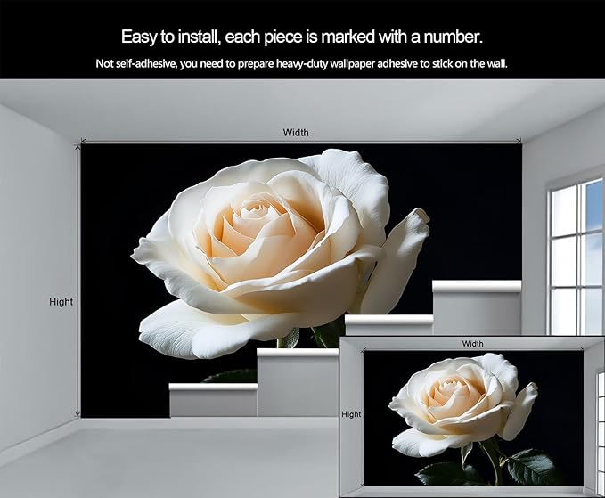 White Rose Wall Mural, Romantic White Rose 3D Wall Murals, Simple Elegant Flowers Wallpaper Mural, for Living Room Bedroom Large Wallpaper Indoor Decor 157.5" W x110.3 H
