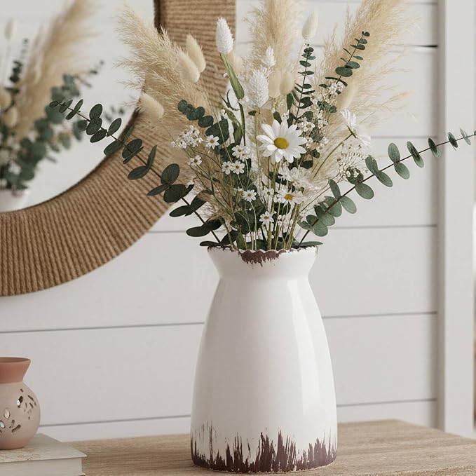 hjn White Flower Vase- Ceramic Vase for Decor, White vase for Flowers, Modern Vases for Living Room/Home Decor Accents/Entryway/Mantel/Bookshel