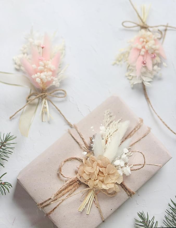 Mini Dried Flower Bouquet Set (12 pcs), Pink Bouquet, Birthday Cake Arrangement, Bridesmaid Flower Girl Proposal Gift Box, Groom Corsage(Pink)