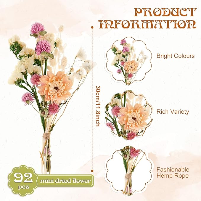 10 Kinds of Dried Flowers for Crafts Green Series Natural Dried Flowers Dry Hydrangea Daisy Babys Breath with Stems Boho Wedding Flower Bouquets with Hemp DIY Floral Arrangement Rope for Home Decor