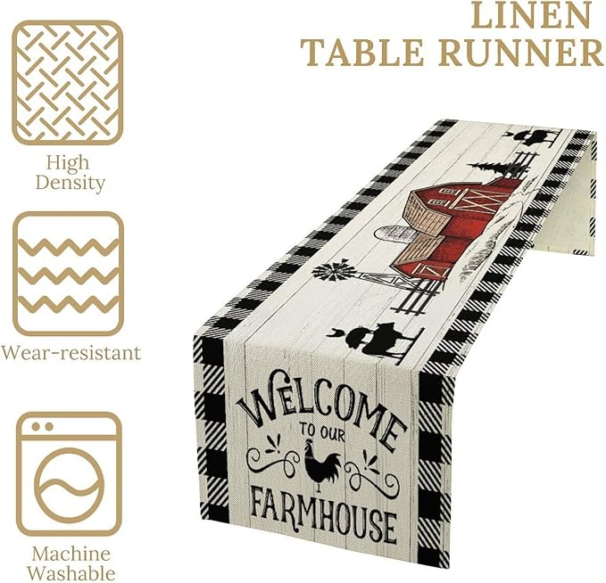 Rustic Farmhouse Table Runner Vintage Western Farm Cow Rooster Red Barn Cabin Country Lodge Dinner Runner for Home Kitchen Dinner Table Party Decoration 13x108in