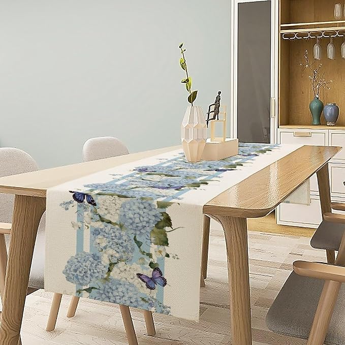 Blue Floral Table Runner, Spring Summer Watercolor Hydrangea Flower Butterfly Country Farmhouse Coffee Table Center Decor for Home Kitchen Dining Patio Holiday Party Table Decorations 13x72 inches