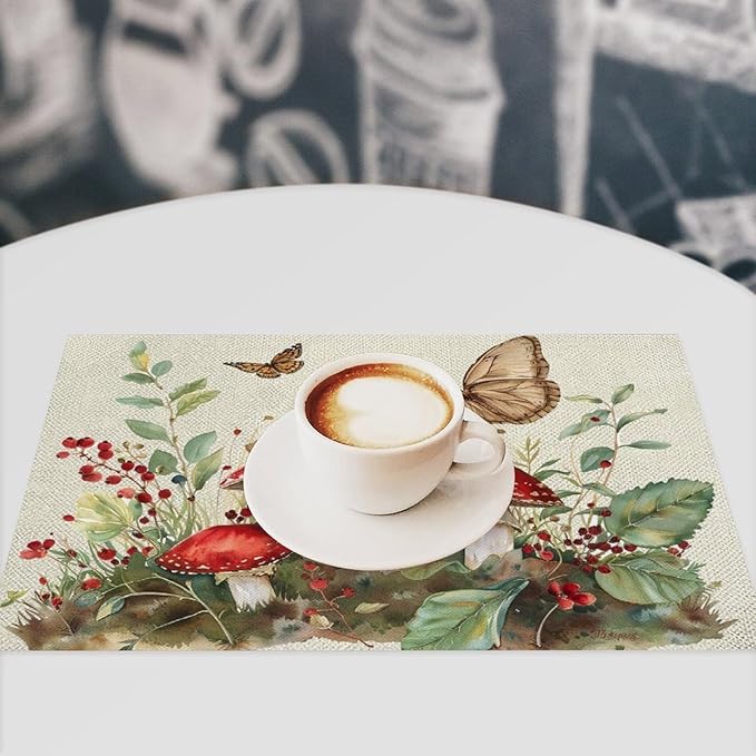 Mushroom Botanical Placemats Set of 4 Mushroom Plants Leaves Butterfly Place Mats Botanic Waterproof Washable Table Mats Kitchen Dining Decoration 4 PCS