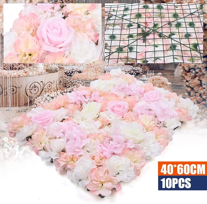 Flower Wall Panel Floral Backdrop,10Pack Champagne Flower Wall Decor,Silk Rose Wall, Artificial Flower Backdrop Faux Flower Panel for Wedding (10PCS PINK1)