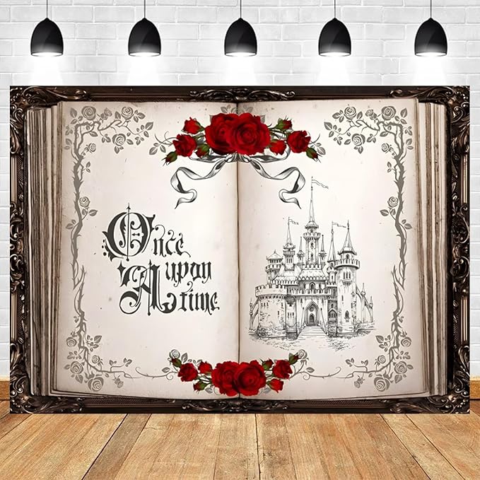 10x6.5ft Once Upon a Time Backdrop Princess Castle Wedding Party Photography Background Fairytale Book Romantic Story Red Roses Bridal Shower Decorations Birthday Portrait Photo Booth Prop