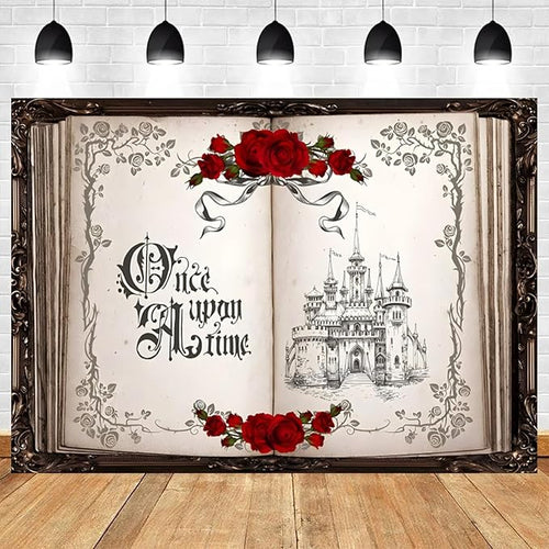 10x6.5ft Once Upon a Time Backdrop Princess Castle Wedding Party Photography Background Fairytale Book Romantic Story Red Roses Bridal Shower Decorations Birthday Portrait Photo Booth Prop