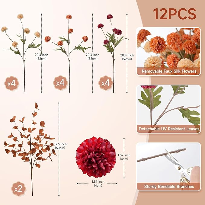 Real-Touch Faux Silk Mums Bouquet, Bendable Long Stems, Full & Realistic Artificial Flower Arrangement for Vase, Table, Wedding & Wreath Décor, Beige(No Vase) (Mixed Orange)