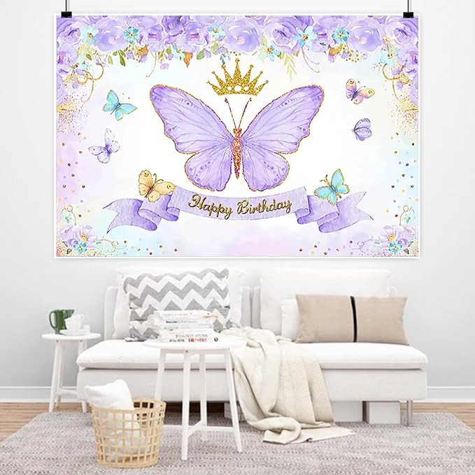 Renaiss 9x7ft Happy Birthday Backdrop Purple Butterfly Flowers Gold Crown Photography Background Daughter Girl Princess Birthday Party Decor Dessert Table Banner Portrait Selfie Group Photo Props