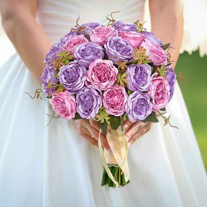 MARTINE MALL 2 Packs Peonies Artificial Flowers, Dark Pinkish-Purple Artificial Peonies, Silk Peonies Flowers Fake Peonies Artificial Flowers Peonies Bouquet for Centerpiece Table Wedding Home Decor