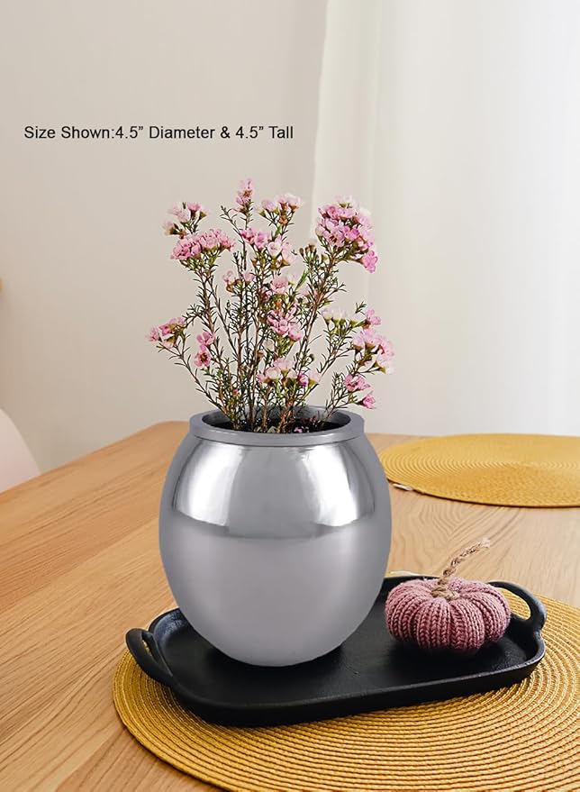 Serene Spaces Living Alerra Stainless Steel Vase, Round Modern Silver Flower Vase, Minimalist Metal Accent for Home, Office, Wedding, or Event Centerpieces, Ideal Gift, 4.5" Diameter & 4.5" Tall