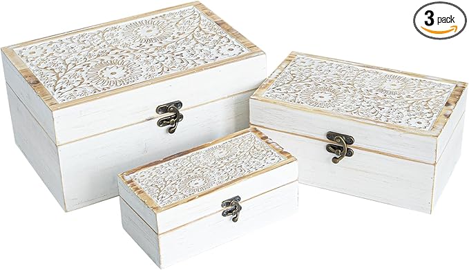 Set of 3 Decorative Wooden Boxes, Rustic Farmhouse Keepsake Box Decorative Boxes with Hinged Lid and Floral Carved Design, Wood Storage Box for Home Decor, White