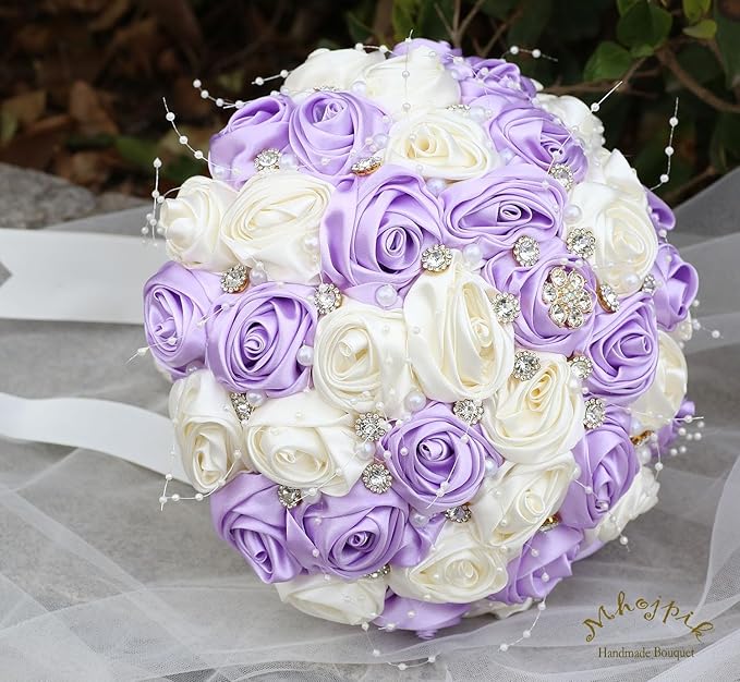 Bridal Wedding Bouquet Round Bling Brooch Bouquet Throw Toss Artificial Rose Flower Bunch for Bride Bridesmaid Wedding Quinceanera(Light Purple & Ivory, 6.3")