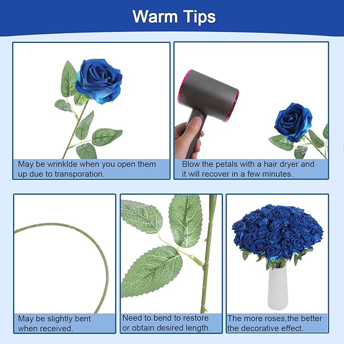 12Pcs Blue Roses Artificial Flowers Fake Roses Faux Velvet Silk Flower for Home Wedding Decoration (Pearl Rose, Blue)