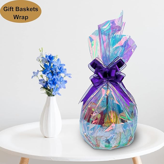 SYOGUA 34in x 50ft Iridescent Cellophane Wrap Roll, Extra Wide Iridescent Film Cellophane Wrap Rainbow Colored Cellophane Roll for Gift Baskets, Crafts, Candy, Gifts, Flowers