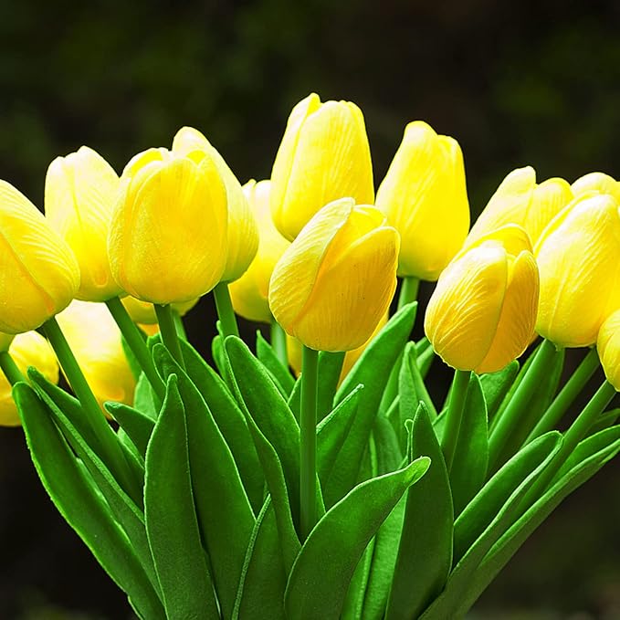 ENOVA FLORAL 20 Pieces Yellow Real Touch Tulips Artificial Flowers in Vase, Fake Tulips Arrangements with Vase and Faux Water for Home Wedding Decoration, Dining Table (Yellow)