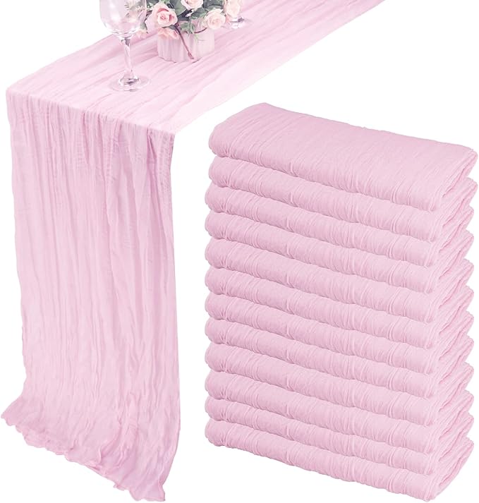 12 Pack 13Ft Cheesecloth Table Runner 35x157 Inch Boho Gauze Table Runner Cheese Cloth Long Rustic Table Runners for Wedding Bridal Shower Birthday Party Table Decor (Pink Purple)