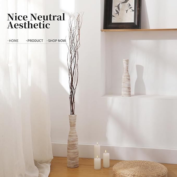 ALMA 16" Tall Floor Vase for Pampas Grass,White Brown Ceramic Centerpiece for Dresser, Skinny Pampas Grass Vessel for Floor, Entryway Table, Fireplace Decor