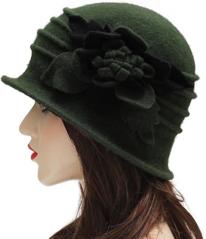 ZLYC Women Wool Cloche Bucket Hat 1920s Vintage Dress Winter Hats with Flower Accent
