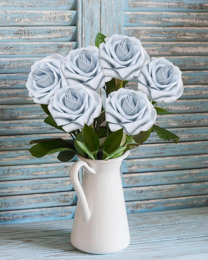 100Pcs Powder Blue Artificial Flowers Realistic Roses, Real Looking Fake Roses with Stem for DIY Wedding Bouquets Centerpieces Bridal Shower Party Home Romantic Decorations (Powder Blue, 100pcs)