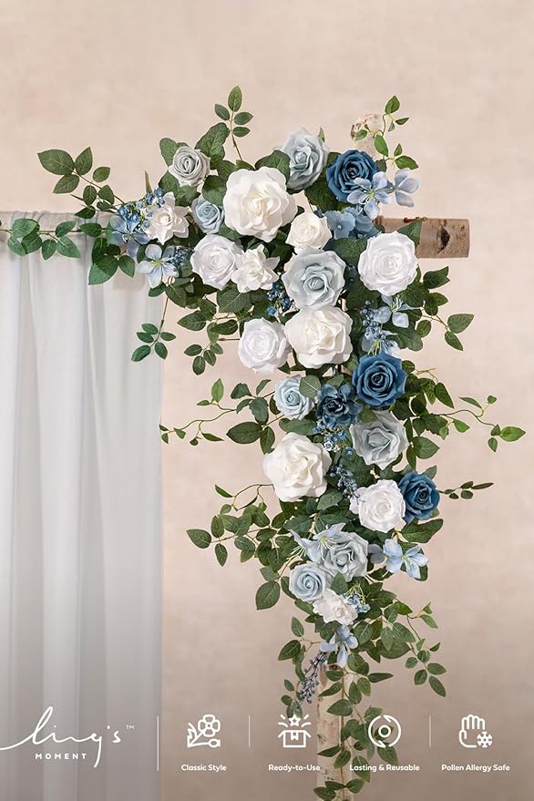 Ling's moment Wedding Arch Flowers - 6.5FT Floral Garland for Ceremony Arbor Backdrop Decoration - Artificial Rose Floral Swag for Sweetheart Table Birthday Party, Baby Shower, Dusty Blue Navy