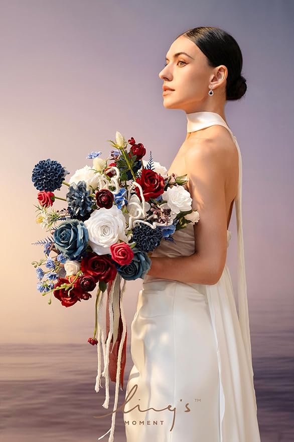 Ling's moment Navy Blue Red Bridal Bouquet for Bride, 13 Inch Wedding Bouquets for Bride, Wedding Artificial Flowers Bouquets