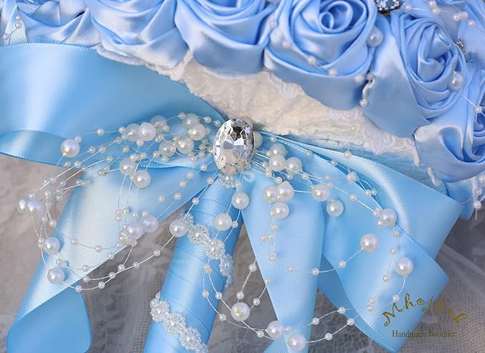 Bridal Wedding Bouquet Round Bling Brooch Bouquet Throw Toss Artificial Rose Flower Bunch for Bride Bridesmaid Wedding Quinceanera(Light Blue, 8.7")