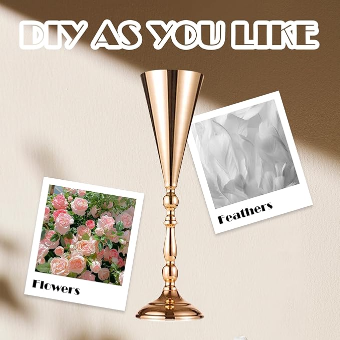 10 Pcs Flower Trumpet Vases Table Decorative Centerpiece Gold Tall Flower Vase, 16.5 Inch Metal Wedding Vases Arrangement Flower Stand for Ceremony Party Birthday, Weddings, Home Decoration