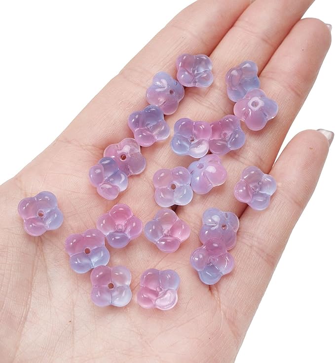 100PCS Glass Flower Beads for Jewelry Making 4 Petal Flower Bead Caps Gradient Cute Floral Beads Aesthetic Charms for Necklace Bracelets Earrings DIY Craft Home Decoration-Pink Blue