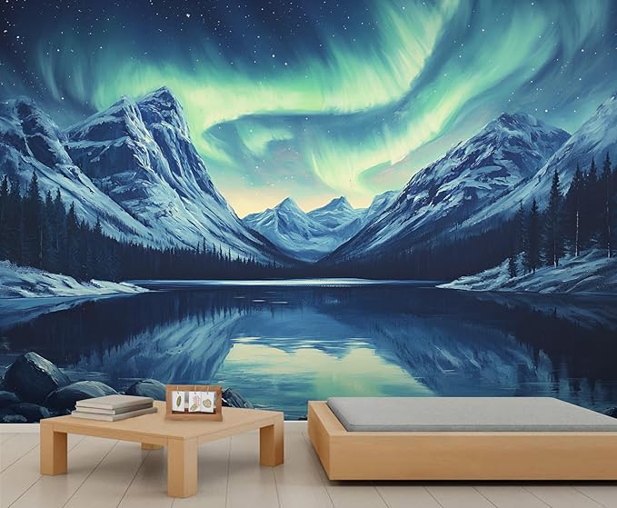 Northern Lights Mountain Wall Mural, Aurora Borealis Lake 3D Wall Murals, Snowy Peaks Starry Sky Wallpaper Mural, for Living Room Bedroom Large Wallpaper Indoor Decor 78.7" W x55.1 H