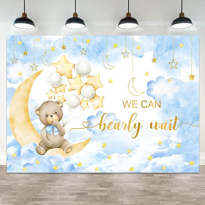 20x10ft Baby Shower Backdrop We Can Bearly Wait Photography Background Bear White Balloons Blue Clouds Moon Stars Cartoon Banner Decorations Birthday Party Newborn Portrait Photo Booth Prop