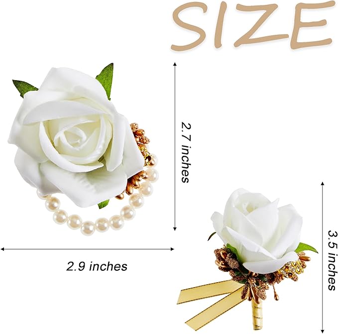 SITUMEIZI 2Pcs Corsage and Boutonniere Set Corsage Wristlet for Prom Decor Boutonniere for Men Wedding Flowers Accessories Party Suit Decoration(Platinum)