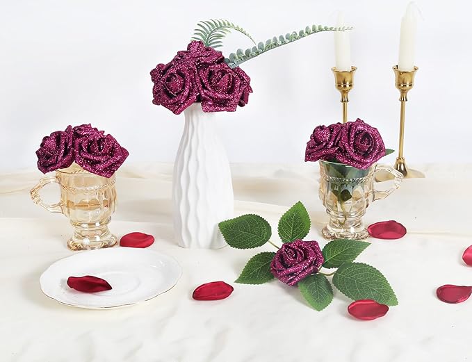 IPOPU Artificial Roses,25pcs Glitter Roses Glitter Flowers Foam Roses with Stems for DIY Wedding Bridal Bouquet Home Party Decoration(Deep Pink)