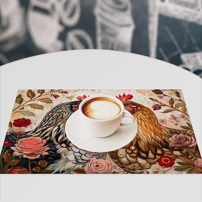 Rooster Placemats Set of 4 Farmhouse Chicken Plants Flower Placemats Farm Cock Chicken Country Hen Washable Place Mats for Party Kitchen Dining Decoration 4 PCS