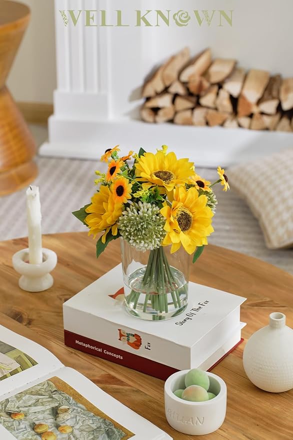 WELL KNOWN Yellow Silk Sunflower Arrangements Bouquet with Vase, Sunflower Artificial Flowers in Glass Vase for Housewarming Decoration Home Decor Office Dining Table Centerpieces