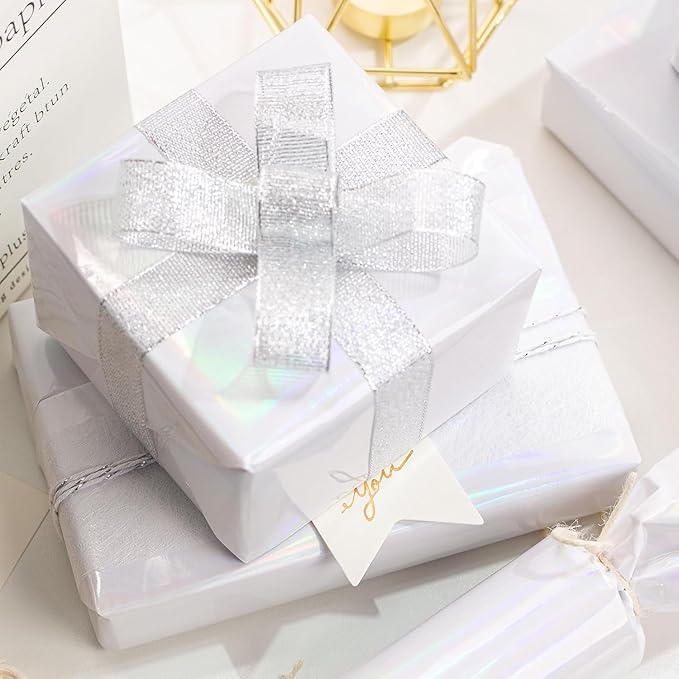 Merture White Wrapping Paper Roll - 17 In X 32.8 Ft(46.5 sq.ft.) Metallic Pure White Gift Wrap with Grid Cutting Lines for Christmas, Wedding, Birthday, Valentines Day, Mothers Day, Baby Shower